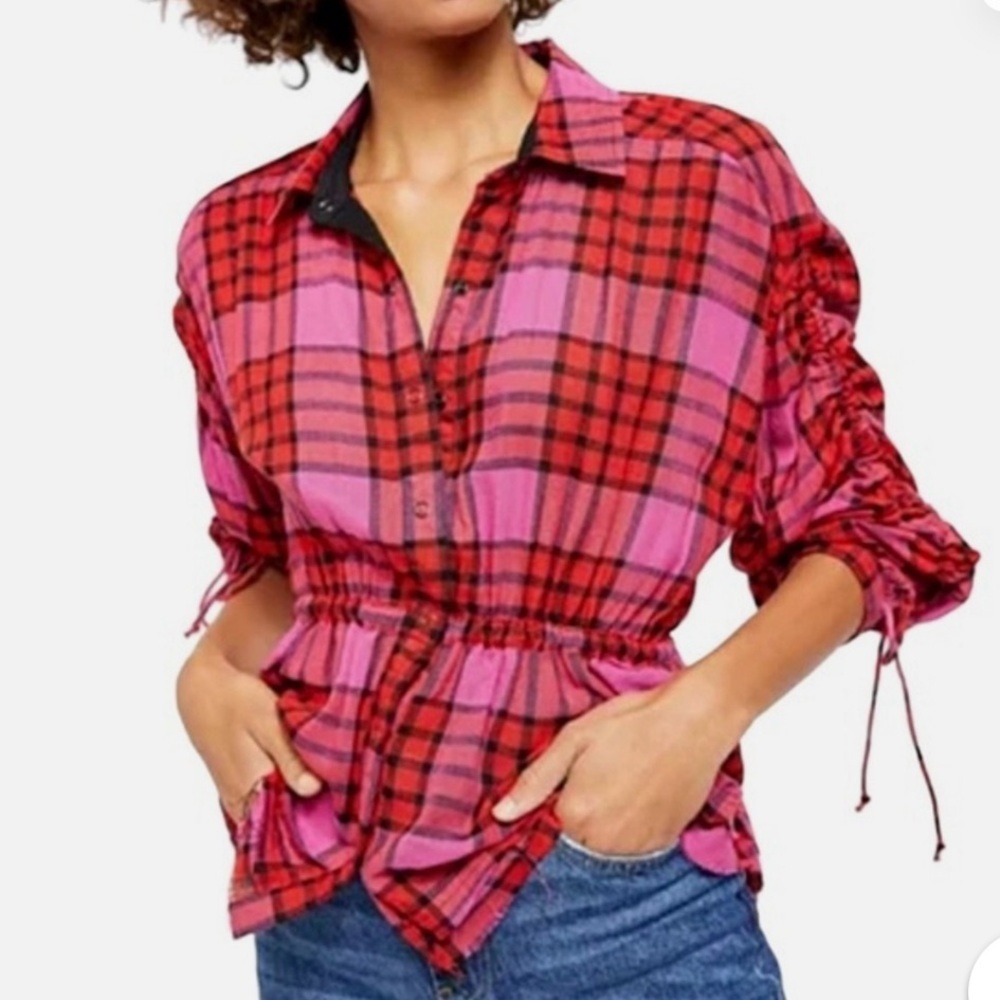 FREE PEOPLE Pacific Dawn Pink Red Ruched Flannel Plaid Shirt XS